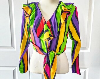 1990s Long Sleeve Bright Colors Striped Tie Front Crop Top