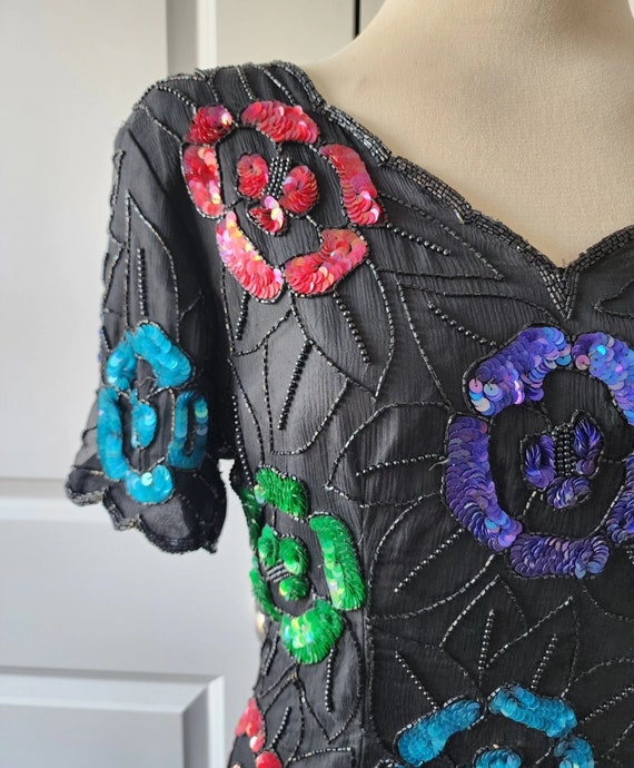 1980s Floral Beaded Cocktail Dress - image 2