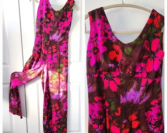1960s One Piece Floral Tiki Hawaiian Dress Pants Jumper Onesie Romper
