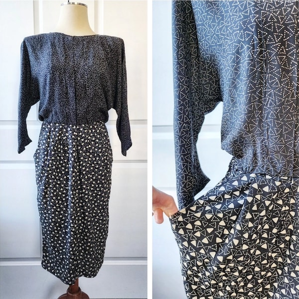 Black and Off White Triangle Print 1980's Rayon Dress