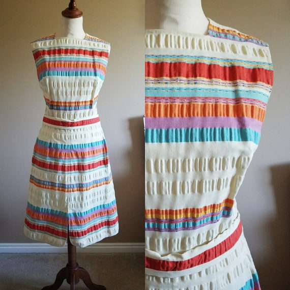 60s Cotton Stripe Puckered Sun Dress Day Dress Par