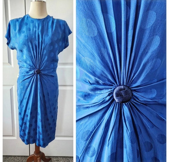 100% Silk Blue Polka Dot Print Dress - image 1
