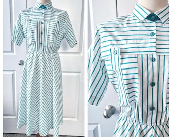 1980s Preppy Teal Stripe Cotton Swing Dress Plus Size