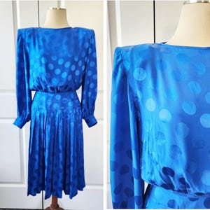1980s Bright Blue Polka Dot Silk Dress
