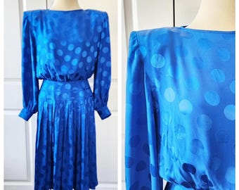 1980s Bright Blue Polka Dot Silk Dress