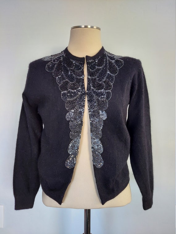 1950's Style Black Wool Angora Cardigan Sweater w… - image 1