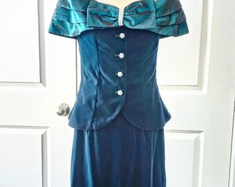 Teal Velvet Cachet Off the Shoulder Two Piece Skirt Set