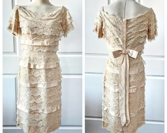 1960s Cream Lace and Satin Edith Small Cocktail Party Wiggle Dress