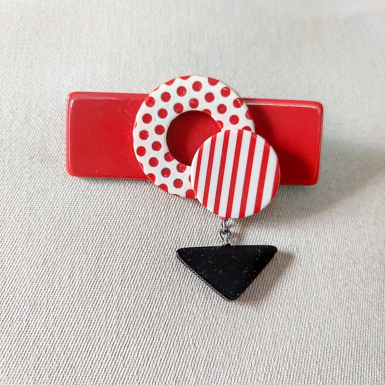 1980s Totally Rad Red Memphis Design Style Plastic Fashion Pin