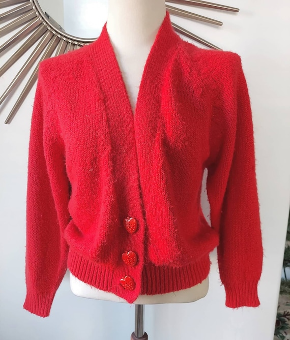 Bright Red 80s Cardigan Sweater with Strawberry Bu