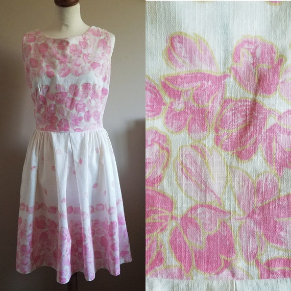 1960s Pretty Pastel Pink Floral Summer Day Dress