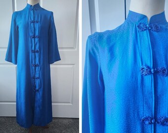 1960s Blue Floral Silk Kimono Robe Housedress