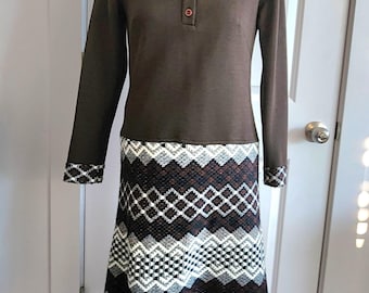 1960s Brown Wool Knit Drop Waist Dress