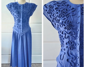 Cornflower Blue 1980s Summer Dress with Flower Cord Details