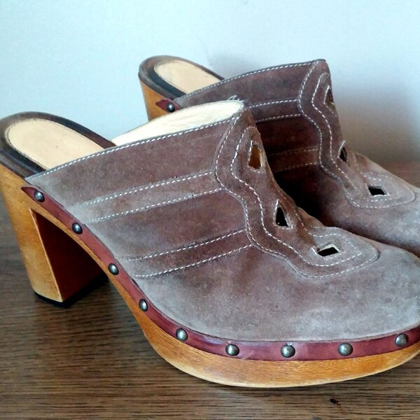 Light Brown Suede Via Spiga Platform Heel Clogs with Cut Out Details 9