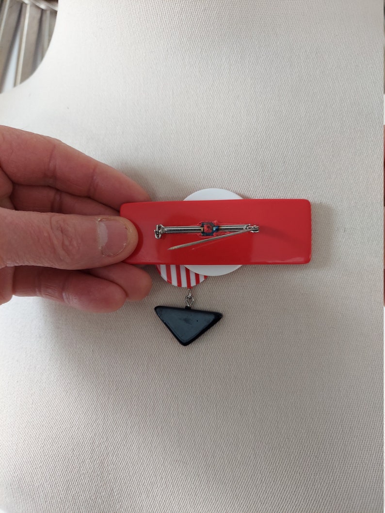 1980s Totally Rad Red Memphis Design Style Plastic Fashion Pin