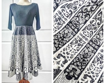 Black and White 1950s Quilted Swing Skirt Dress