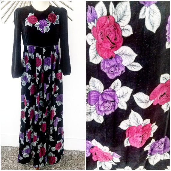 Purple and Black Floral Goth VELVET 1970's Maxi D… - image 1