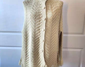 Hand Crochet Cream Poncho with Buttons and Fringe