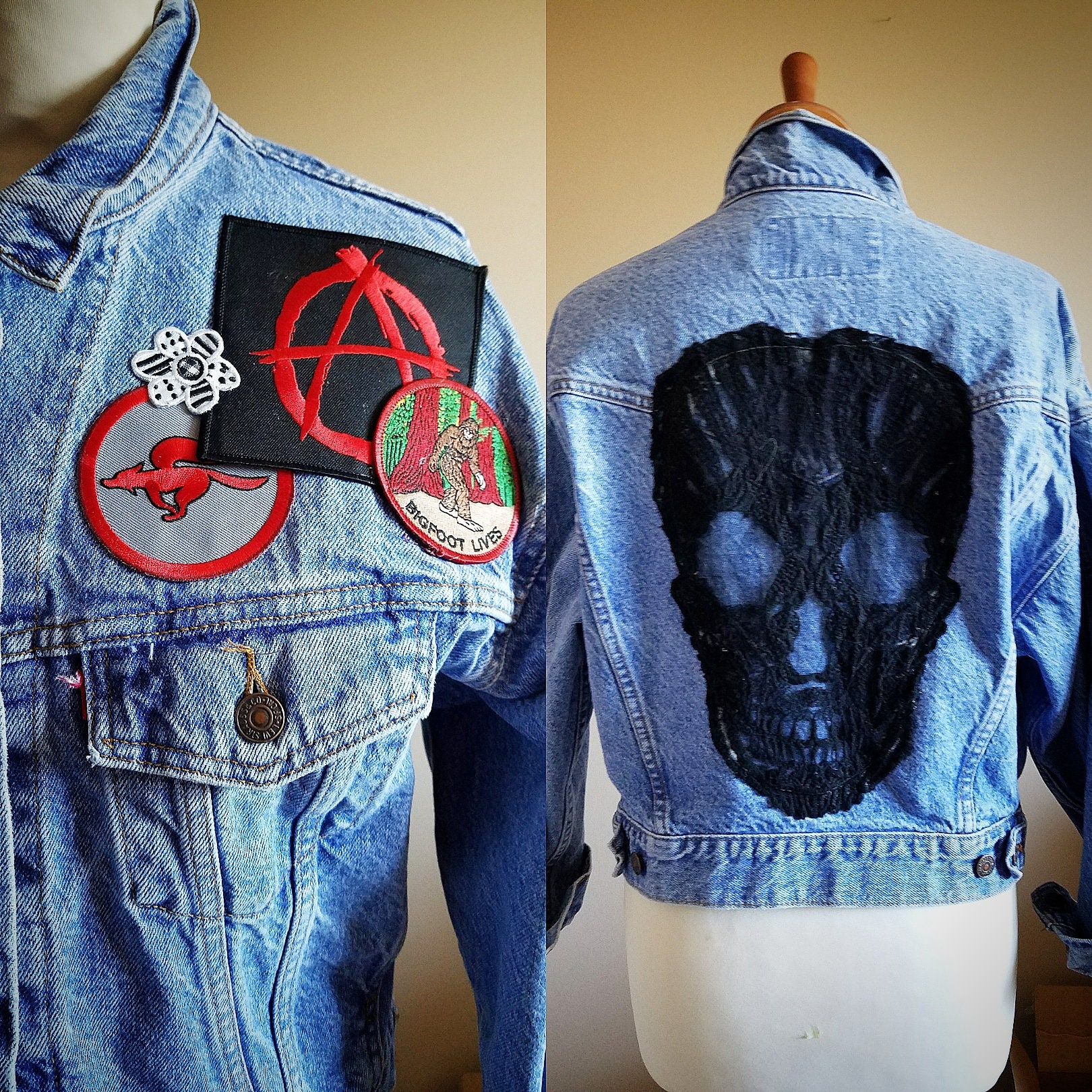 Light Wash 80s LEVIS Denim Jacket With Skull and Anarchy - Etsy