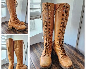 1960s Tan Leather Lace Up ZODIAC Campus Hippie Boho Boots 6