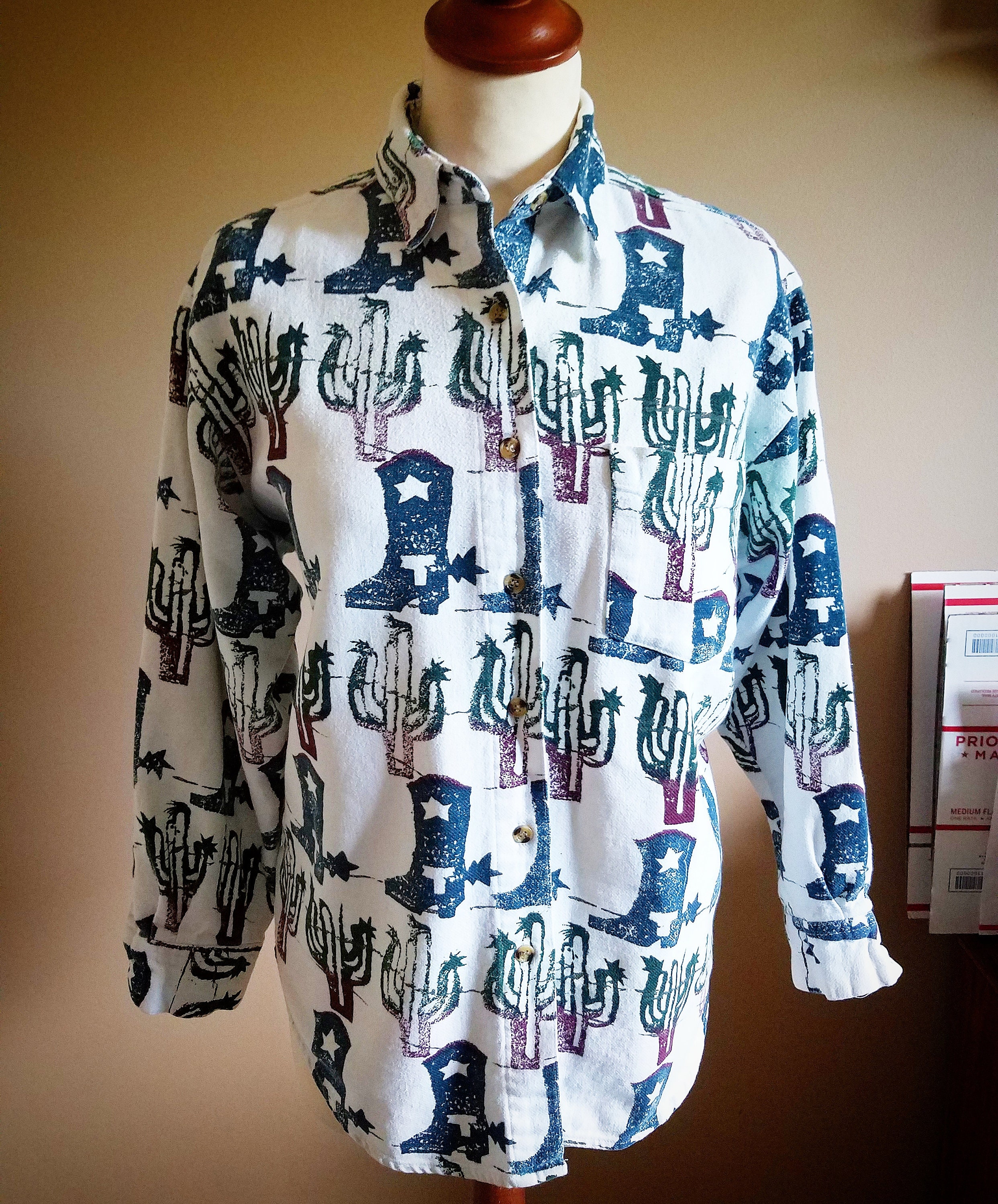 Cowboy Boot and Cactus Western Print Button Up Cotton Flannel Shirt
