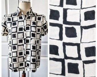 Black and White Psychedelic Print Y2K Silk Short Sleeve Blouse