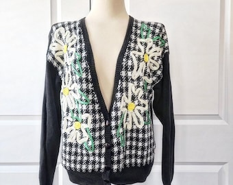 Black and White Plaid Cardigan with Floral Ribbon Details