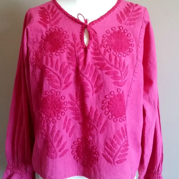 Fuchsia Pink Embroidered Boho Peasant Top