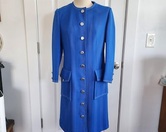 1960s Bright Blue Chevron Textured Overcoat with Amazing Pockets and Buttons