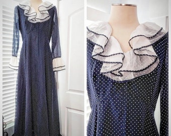 1960s Navy Blue Swiss Dot and Ruffles Maxi Dress