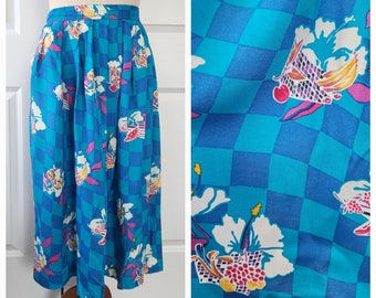 1980s Rayon Checkered Floral and Fruit Print Summer Skirt