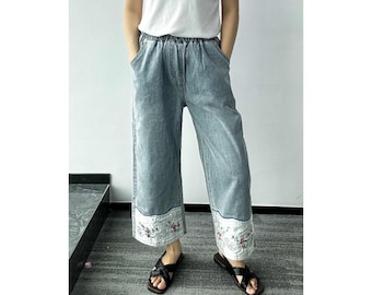 Embroidery Jeans Women, Cropped Jeans with Elastic Waist, Comfy Jeans with Pockets, Wide Leg Jeans, No Zipper Jeans, US Size XS-L