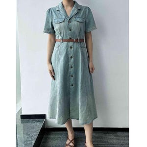 Denim Midi Kleid Frauen, Jeanskleid mit Gürtel, Jeanskleid mit Taschen, Jeanskleid mit Lange Knopfleiste, Qualitätskleid, US Größe S-1X