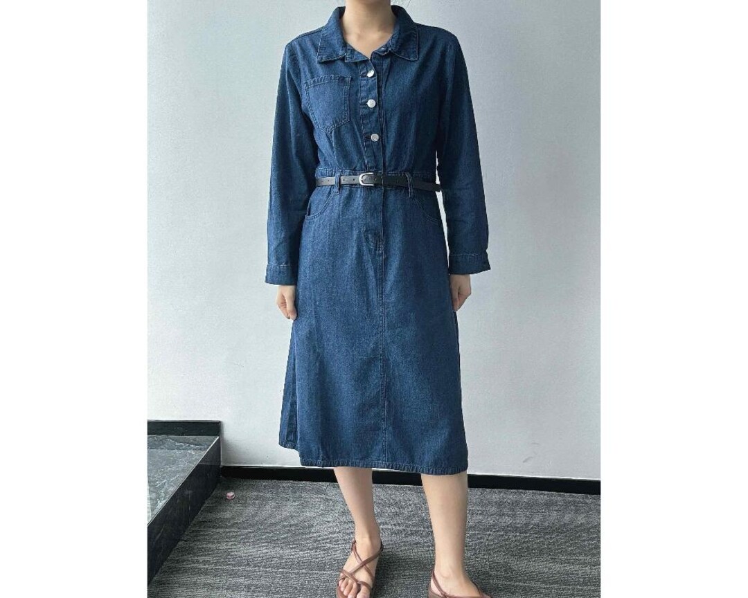 Button Front Denim Midi Dress with Elastic Waist and Chest Pockets main image 0