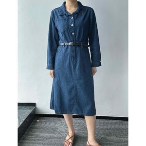 Denim Midi Dress Women, Denim Dress with Pockets, Denim Dress with Belt, Denim Dress with Long Sleeves, Casual Denim Dress, US Size XXS-2X