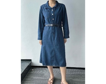 Denim Midi Dress Women, Denim Dress with Pockets, Denim Dress with Belt, Denim Dress with Long Sleeves, Casual Denim Dress, US Size XXS-2X