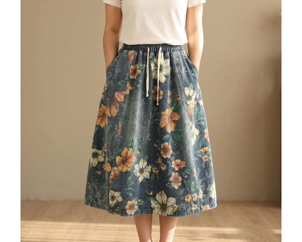 Women's Printed Denim Midi Skirt High Waist A-Line Jean Skirt, US Size XS-L