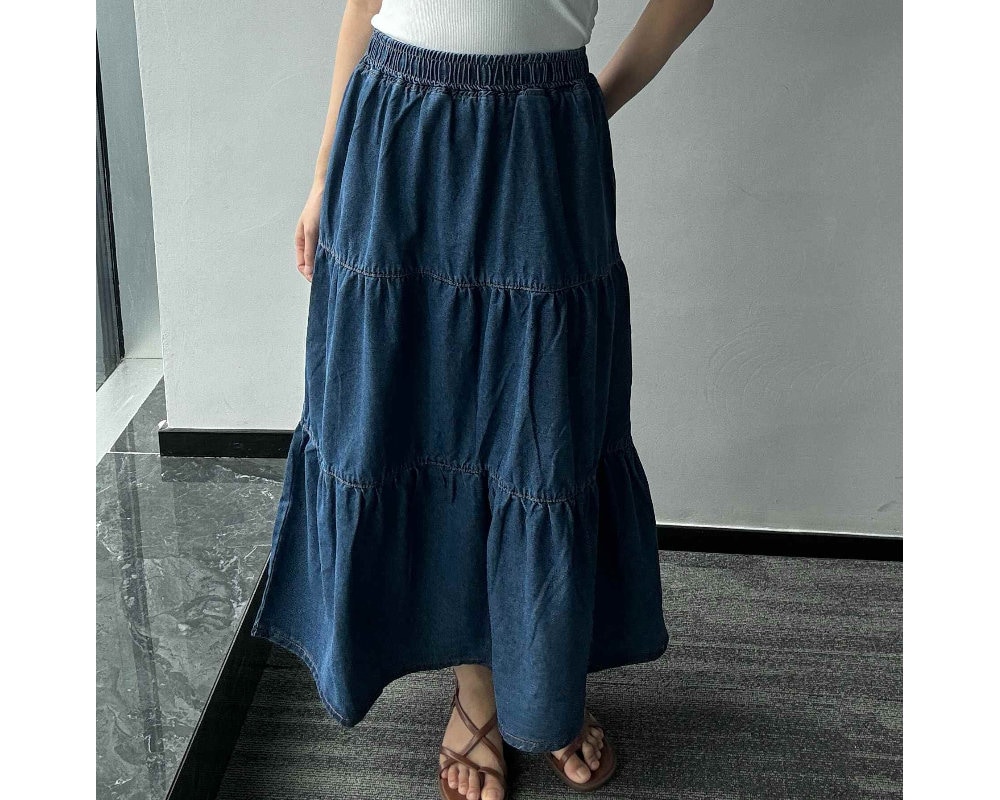 スカート Tiered Cut-off Denim Skirt Denim Maxi Skirt Women, Tiered Denim Maxi Skirt Without Slit