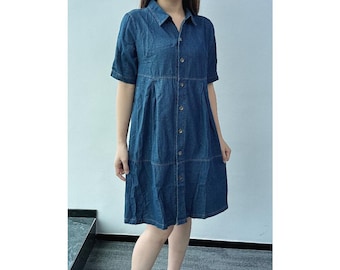 Denim Midi Dress Women, Casual Denim Dress with Pockets, Collared Denim Dress with Long Button Front, Denim Dress Casual, US Size XXS-1X