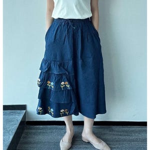 Embroidery Denim Skirt Women, Denim Skirt Midi Length, Elastic Waist Denim Skirt, A Line Denim Skirt, Denim Skirt Casual, US Size XXS-XL