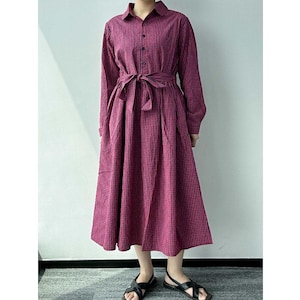 Plaid Midi Dress Women, Midi Dress with Tie Waist, Cotton Linen Dress with Long Sleeves, Plaid Dress with Pockets, US Size XS-L