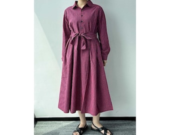 Plaid Midi Dress Women, Midi Dress with Tie Waist, Cotton Linen Dress with Long Sleeves, Plaid Dress with Pockets, US Size XS-L