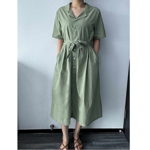 Linen Midi Dress Women, Linen Dress with Pockets, Linen Dress with Belt, Linen Dress with Short Sleeves, Collared Midi Dress, US Size XS-L