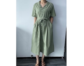 Linen Midi Dress Women, Linen Dress with Pockets, Linen Dress with Belt, Linen Dress with Short Sleeves, Collared Midi Dress, US Size XS-L