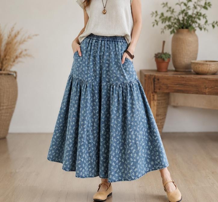 Women's Denim Culottes Floral Wide Leg Pants Elastic Waist Boho Palazzo Pants with Pockets Loose Summer Casual Gaucho Pants, US Size XS-L