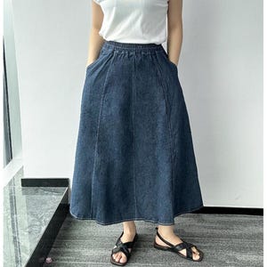 Denim Maxi Skirt Women, Denim Skirt with Elastic Waist, Denim Skirt with Pockets, Denim Skirt A Line, Pull On Denim Skirt, US Size XS-L