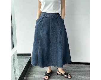 デニム マキシスカート レディース、ウエストゴムデニムスカート、ポケット付きデニムスカート、A ラインデニムスカート、プルオンデニムスカート、US サイズ XS-L