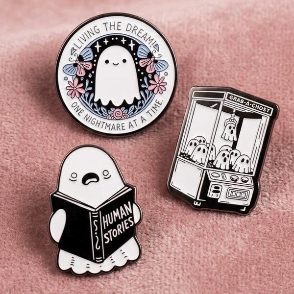 Cute Spooky Ghost Enamel Pin Set | Whimsical Halloween Lapel Pins | Bookish Ghost and Kawaii Arcade Backpack Accessories