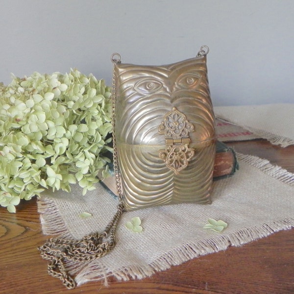 Vintage metal purse brass hinged pillow purse with chain owl metal  collectible